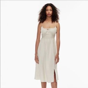 Wilfred Aritzia white organic linen sleeveless smocked midi dress